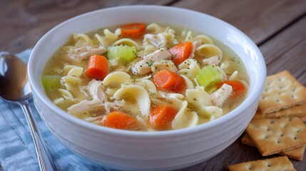 Bowl of chicken noodle soup with tender carrots and celery served with saltine crackers