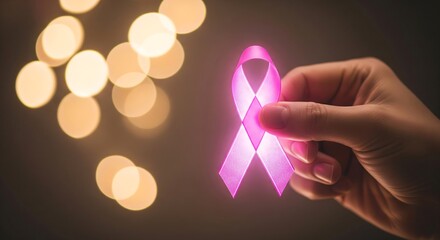 Hand holding pink ribbon symbolizing breast cancer awareness and support