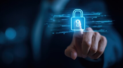 A hand interacts with a digital padlock icon, symbolizing cybersecurity and data protection in a high-tech environment.