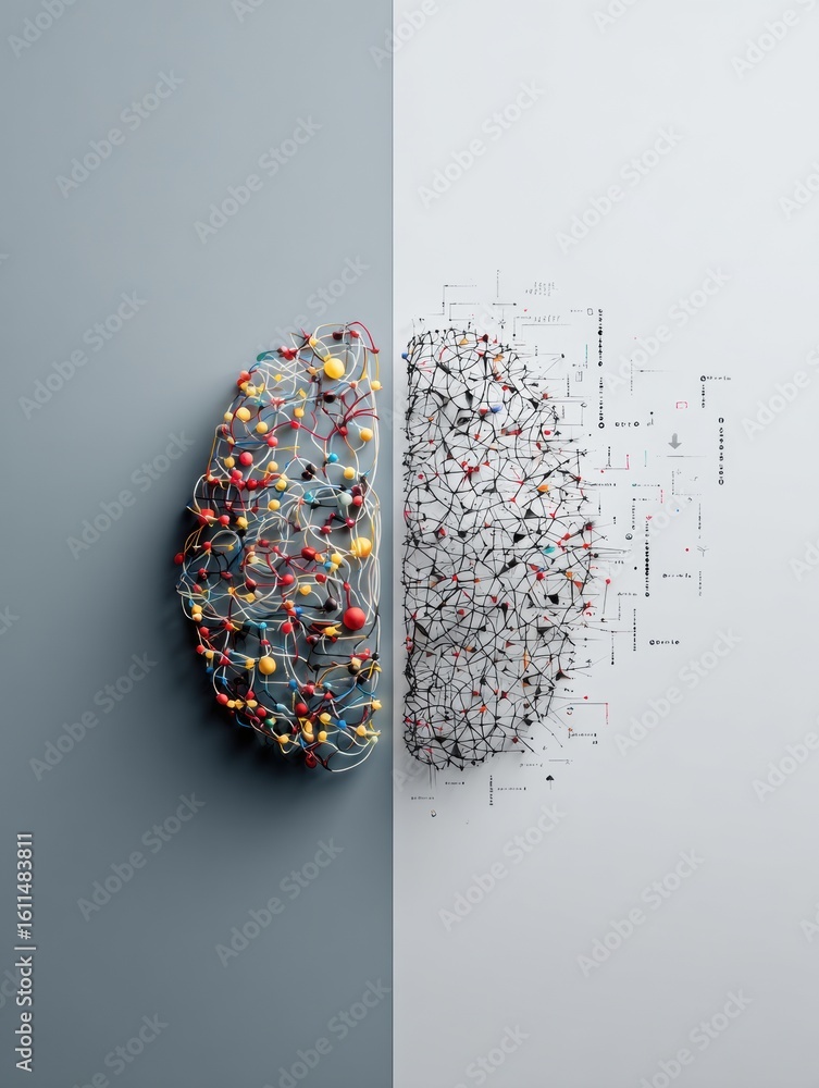 Poster split view showcasing the creative and logical hemispheres of the brain with a clean division in a m
