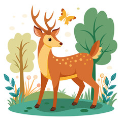 Adorable Cartoon Deer in Spring Meadow, Whimsical Illustration, Happy Forest Animal Scene
