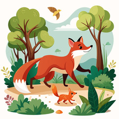 Obraz premium Happy Fox and Kit in Springtime Forest: Cartoon Illustration, Cheerful, Playful Mood