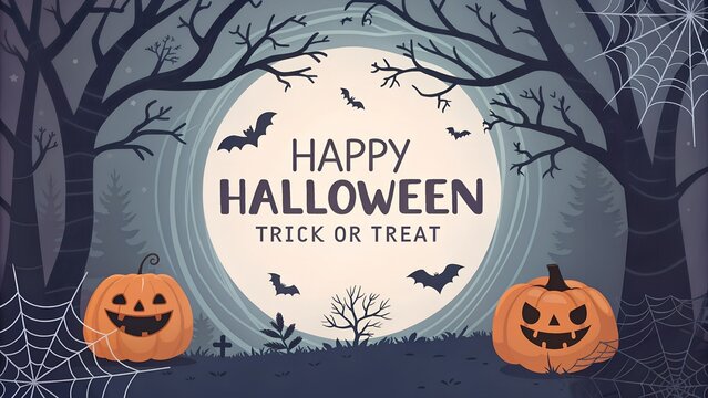 Spooky halloween night with jack o lanterns and bats under a full moon