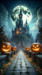 Spooky halloween castle illuminated by a giant full moon with jack o lanterns lined up