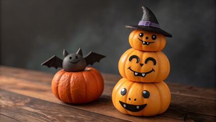 Whimsical halloween pumpkin stack with a friendly bat decoration on a wooden surface