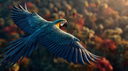 Sky Blue Macaw in Flight: The image showcases a vibrant blue macaw soaring gracefully against the backdrop of a forest with its magnificent wings spread.