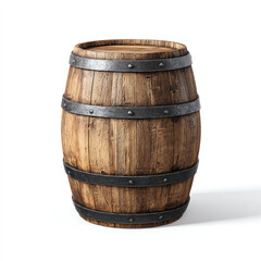 Wooden barrel with metal bands, showing rustic texture and aged wood grain, isolated on white background with shadow