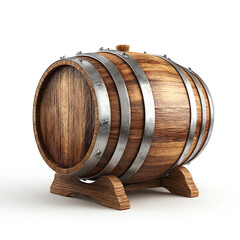 Wooden barrel with metal bands resting on a wooden stand, isolated on a white background, typically used for aging and storing liquids like wine or whiskey
