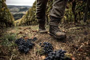 A person wearing muddy boots walks through a vineyard with clusters of dark grapes scattered on the ground during harvest season