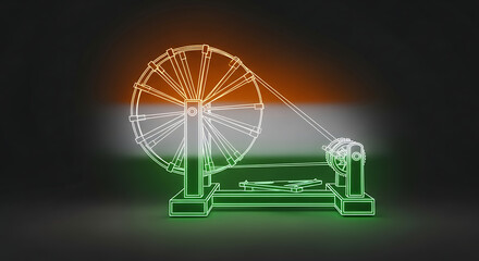 A stylized, glowing outline of a Charkha (spinning wheel) is featured against a blurred Indian flag backdrop, symbolizing Indian heritage.
