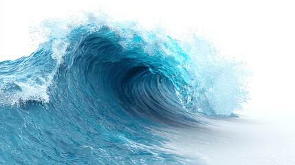A powerful blue ocean wave curls and crashes, creating white splashes and foam against a bright, white background