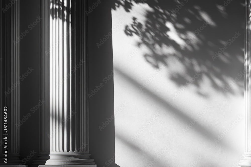 Aufkleber classical columns cast shadows on a bright white wall, creating a serene and elegant scene.