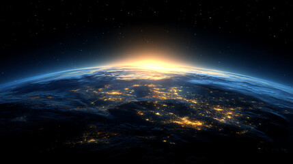 Sunrise over Earth from space with illuminated city lights visible on the dark side, showcasing the planet's curvature and atmosphere against a starry background