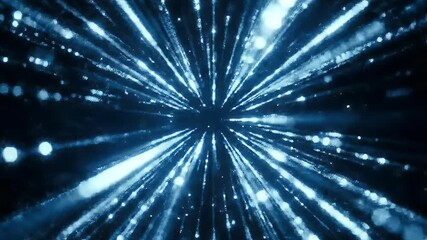 Mesmerizing blue light streaks and glowing particles explode outwards in a dynamic abstract starburst creating an energetic and futuristic digital background lo - Powered by Adobe