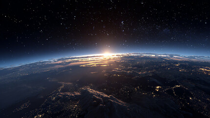 Sunrise over Earth viewed from space, showing city lights, cloud formations, and a starry sky, highlighting the planet’s natural beauty and human presence at night