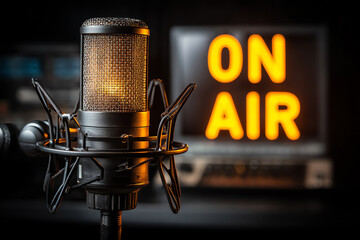 Professional studio microphone with shock mount in focus, illuminated "ON AIR" sign blurred in background, symbolizing live broadcast or recording session