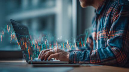 A person in a plaid shirt types on a laptop with a holographic display of financial graphs and data floating above the keyboard, symbolizing digital trading and analytics