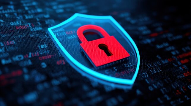 A red padlock icon on a glowing blue shield represents cybersecurity protection against digital threats in a data-driven environment.
