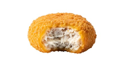 Crispy Plant-Based Chicken Nugget with a Bite showing the Fibrous Interior, a Vegan Meat Alternative, Isolated on White Background.