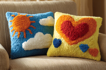 Two colorful, textured cushions featuring a sun and clouds design and multiple heart shapes rest on a beige armchair in a cozy indoor setting