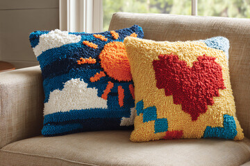 Two colorful, textured throw pillows sit on a beige couch, one with a sun and clouds design and the other featuring a red heart on a yellow background