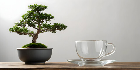 Crystal-clear teacup spinning above bonsai tree