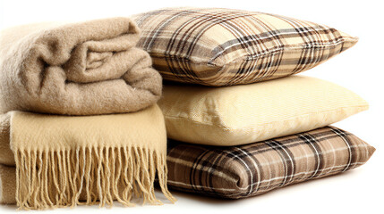 Stacked beige and brown plaid pillows next to cozy folded wool blankets, creating a warm and inviting arrangement with soft textures and neutral tones