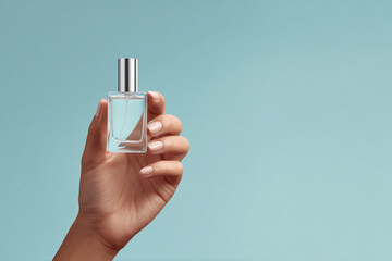 Hand with manicured nails holding a small, clear glass perfume bottle with a silver cap against a plain light blue background