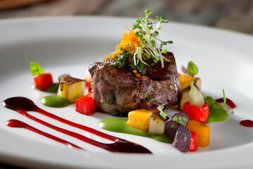 A gourmet filet mignon steak garnished with microgreens, colorful diced vegetables, and artistic sauces on a white plate, showcasing fine dining presentation
