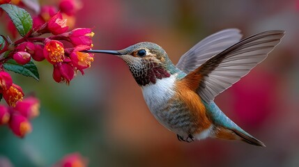 Naklejka premium Hummingbird's Nectar Feast: A hummingbird hovers gracefully mid-air, its slender beak delicately immersed in the vibrant petals of a blooming flower, symbolizing the harmonious symbiosis of nature.