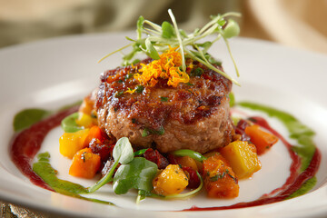 Grilled meat patty garnished with microgreens and edible flowers, served on a bed of colorful diced vegetables with vibrant green and red sauces on a white plate
