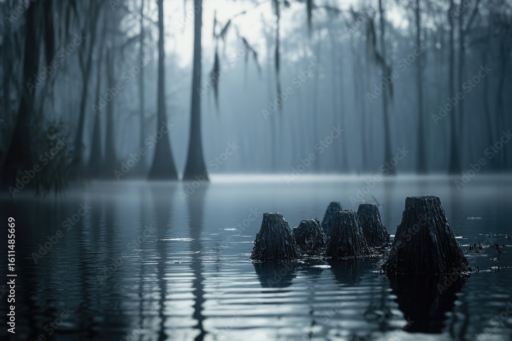 Aufkleber misty swamp scene with cypress trees and submerged stumps reflecting in calm water.