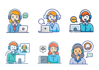 Customer Support Service Agents and Call Center Icons for Businesses