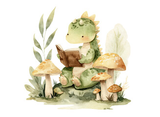 Watercolor illustration of baby green dragon sitting surround mushrooms and leaves and reading book isolated on transparent background