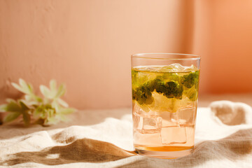 A refreshing glass of iced herbal drink with mint leaves set on a linen cloth, softly lit by warm natural light with a blurred floral background