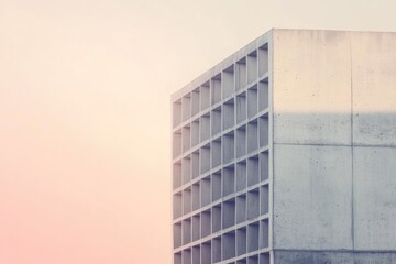 A minimalist concrete building with a grid-like facade stands against a soft, pastel sky.