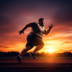 Overweight man running on track at sunset embracing fitness and determination