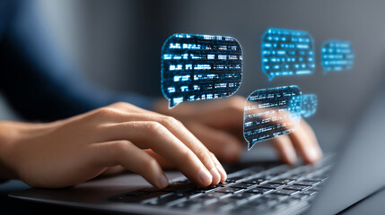 Hands typing on a laptop keyboard with digital chat bubbles symbolizing online communication and messaging in a futuristic, technology-driven environment