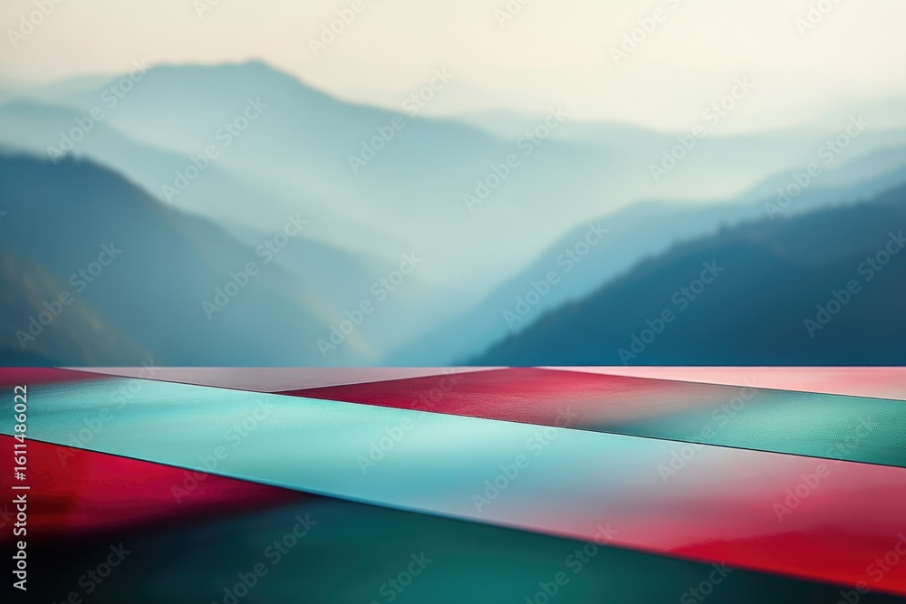 Poster abstract image of a colorful surface with a blurred mountain range background.