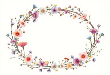 Watercolor wildflower arch wreath; delicate spikelets, twigs, meadow flowers, beige background, floral frame, invitation template , graphics, frame