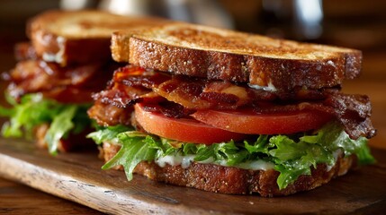 Classic BLT sandwich with thick cut bacon crisp lettuce and juicy tomatoes on toasted sourdough