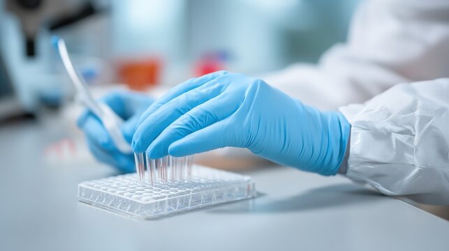 Scientist wearing blue gloves handles a multi-channel pipette over a microplate in a laboratory setting.
