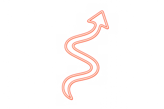 Red neon arrow pointing upward with transparent background, ideal for presentations and infographic projects