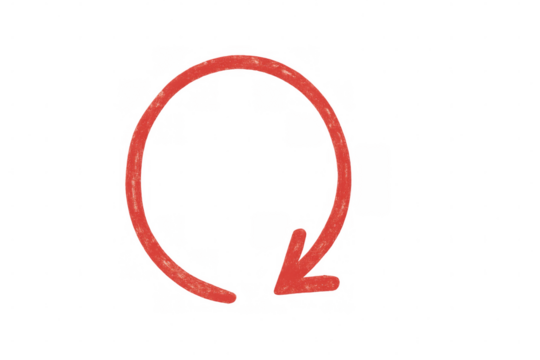 Circular arrow suggesting repetition or refresh, featuring a hand-drawn aesthetic with a transparent background - Powered by Adobe