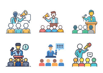 Vector illustrations of public speakers presenting to an audience in various settings
