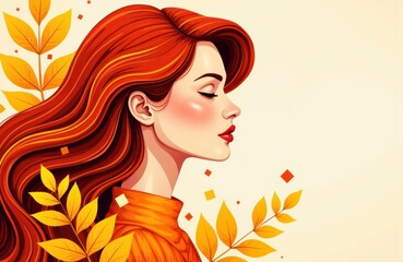 Woman with flowing red hair and autumn leaves creating a warm seasonal atmosphere