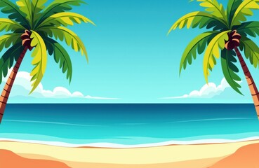 Fototapeta premium A tropical beach scene with palm trees, sandy shore, and calm ocean under a clear blue sky