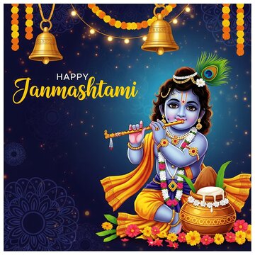 Happy janmashtami celebration with baby krishna playing flute