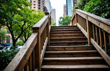 Woman walking up outdoor wooden stairs in an urban park setting with trees and modern buildings in the background