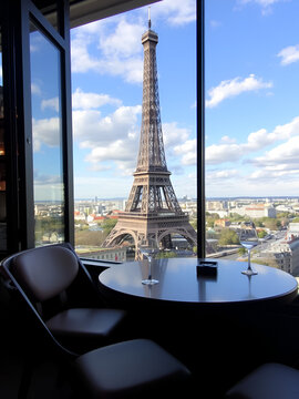 Tavolo all'aperto in un bar con vista sulla Torre Eiffel